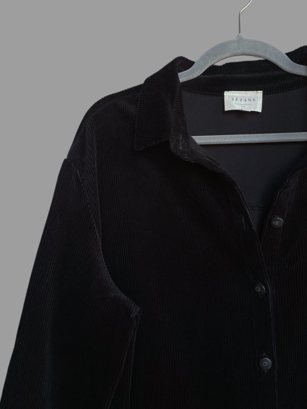 SEZANE Black Velvet Corduroy Button Down Long Sleeve Mini Sadie Shirt Dress - Picture 8 of 14